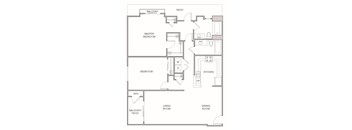 A floor plan of an apartment with a master bedroom, two bedrooms, a living room, a dining room, a kitchen, and a balcony.