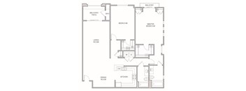 A floor plan of a house with a living room, dining room, kitchen, two bedrooms and a balcony.