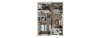 A top-down view of a small apartment with a kitchen, living room, and bedroom.