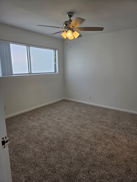 A room with a ceiling fan and carpeted floor.