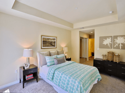 Spacious bedroom with tray ceiling and carpet at Oasis at Lake Encino Apartments, Encino