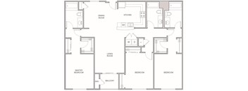 A floor plan of a house with a dining room, kitchen, living room, and three bedrooms.