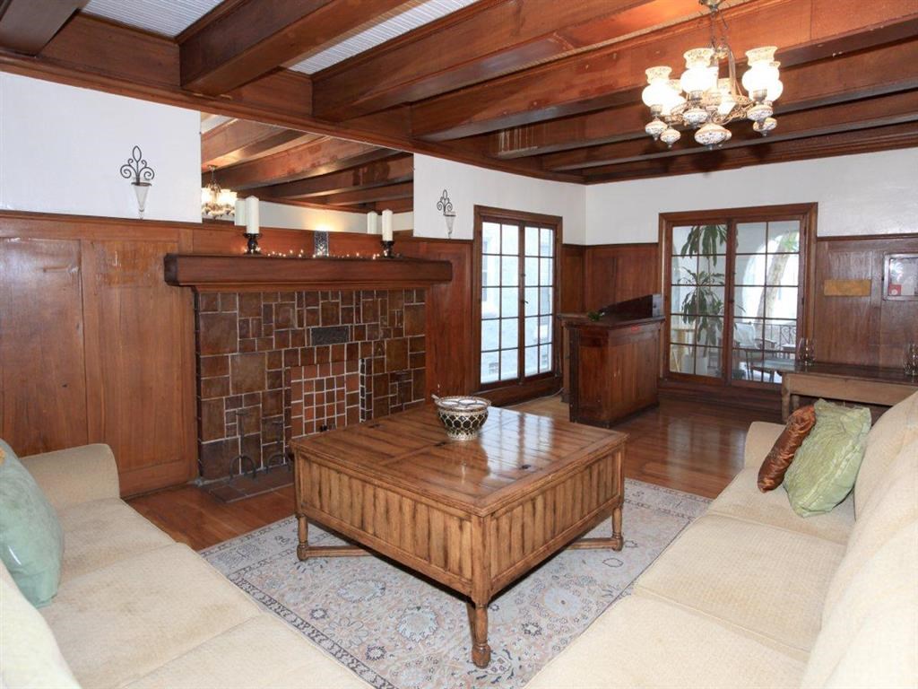 Lobby with large sectional couch and coffee table