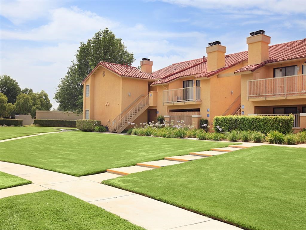 Outside the building with walkways to the entrance