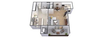 A 3D floor plan of a house showing all rooms and furniture.
