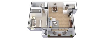 A 3D floor plan of a house with a living room, kitchen, dining room, and bedrooms.