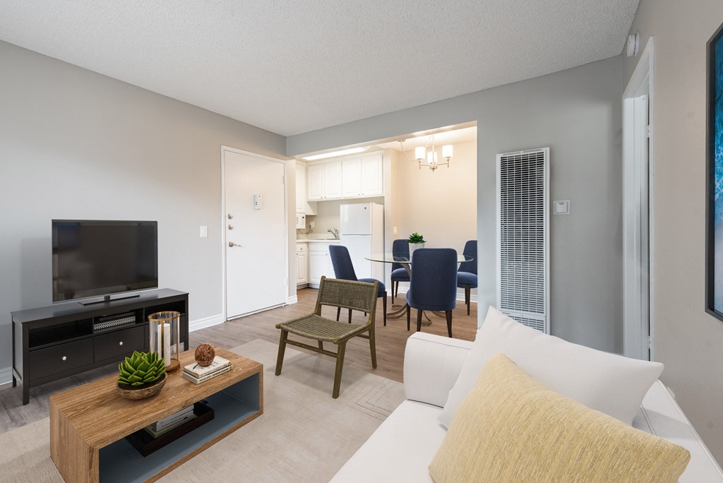 Virtually staged modern living room furniture set up