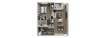 A top-down view of a small, neatly organized apartment with a kitchen, living room, and bathroom.