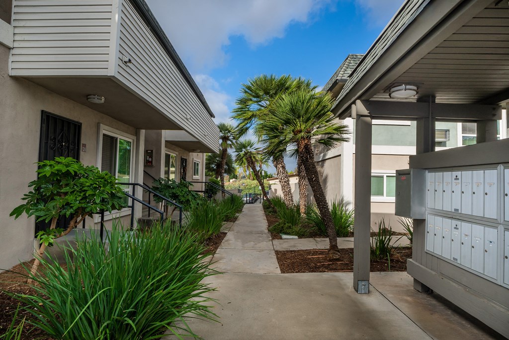 a sidewalk between two apartment buildings with palm trees