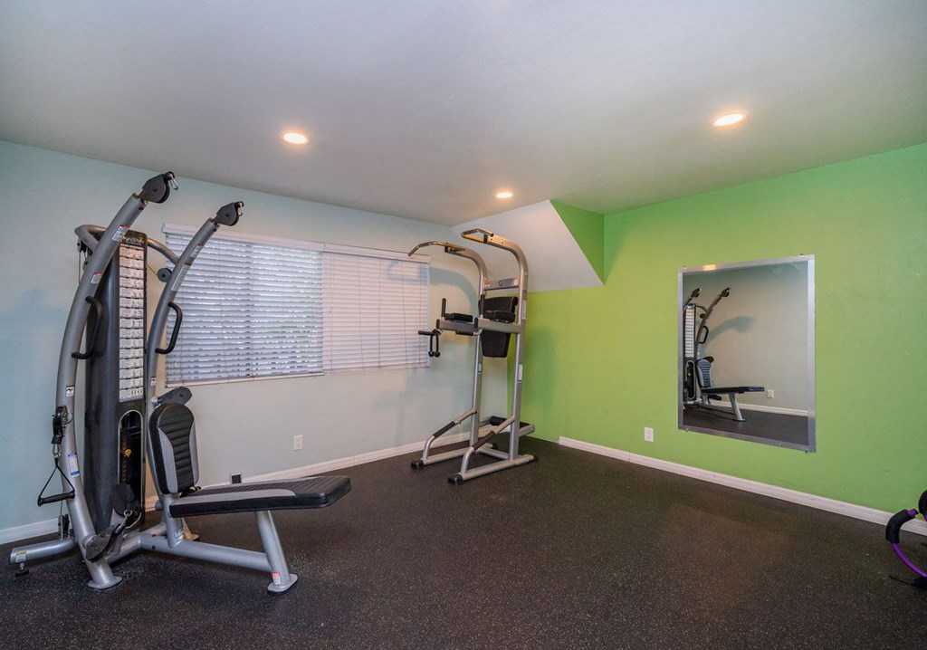 A home gym with a green wall and a mirror.