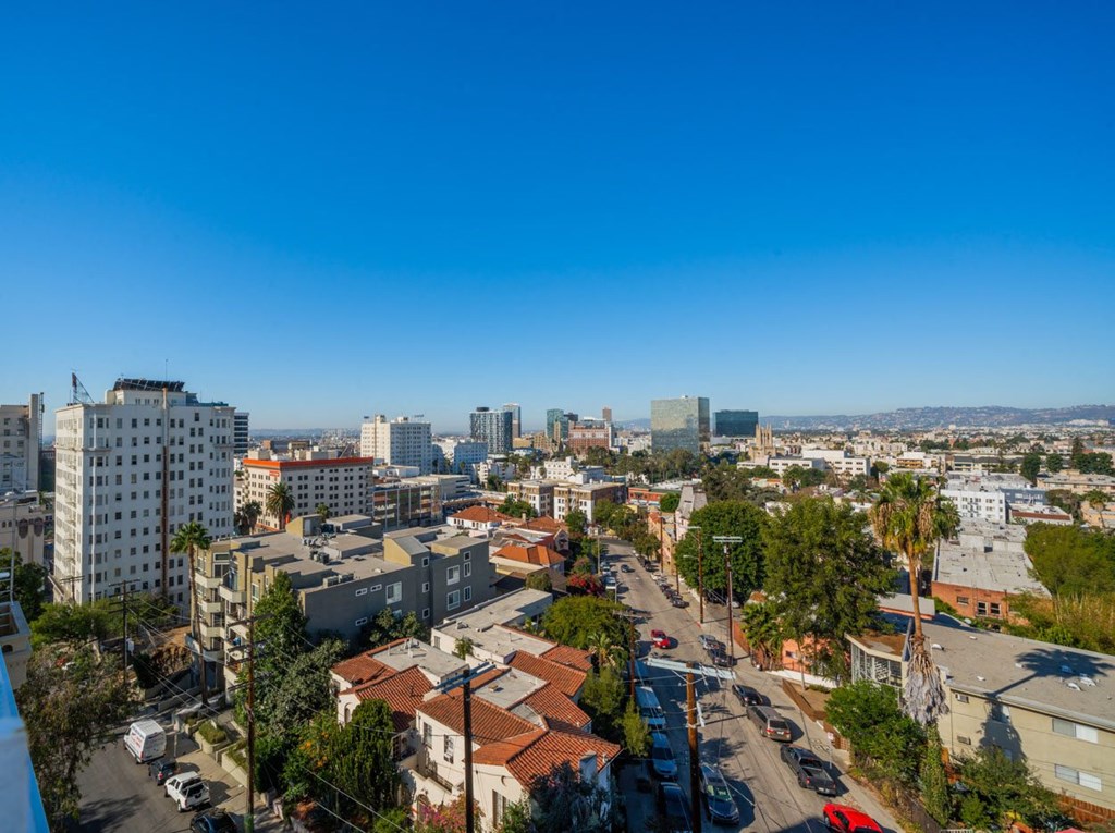 A cityscape with buildings, cars, and palm trees under a clear blue sky.