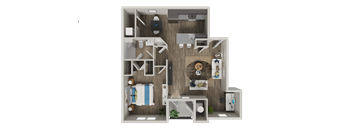 A 3D floor plan of a small apartment with a bedroom, living room, and kitchen.