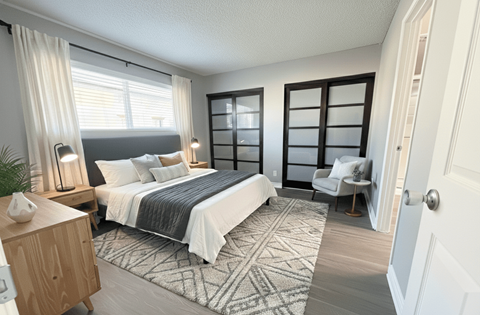 A bedroom with a large bed and a chair.