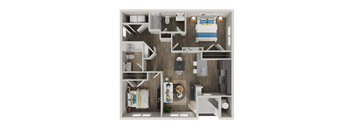 A top-down view of a small apartment with a bedroom, living room, kitchen, and bathroom.