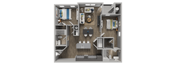 A detailed 3D floor plan of a small apartment layout.