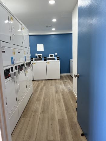A kitchen with white cabinets and a blue wall.