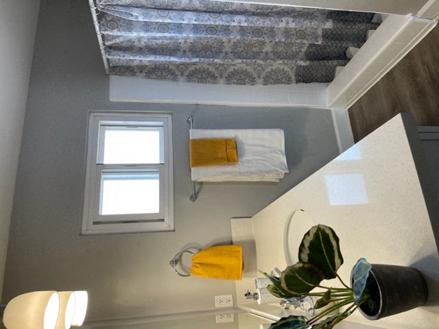 a small bathroom with a plant and a window