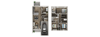 A 3D floor plan of a two-bedroom apartment with a car parked in the garage.