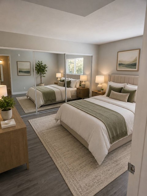 A bedroom with two beds and a nightstand.