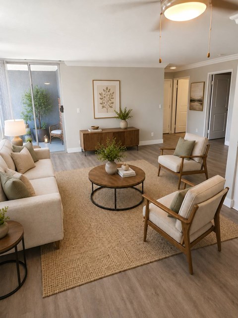 A living room with a white couch, a wooden coffee table, and a rug.