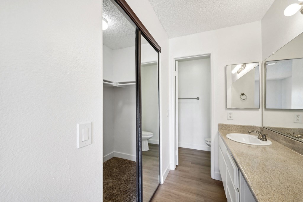a bathroom with a sink and closet with a mirror