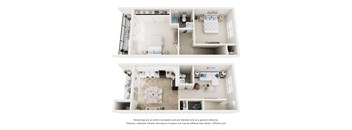 A white 3D floor plan of a small apartment with a kitchen, living room, and bathroom.