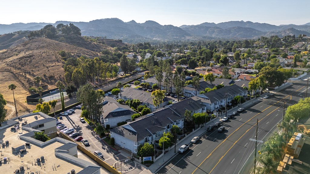 Arial view of the entire complex with mountains in the background