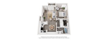a 1 bedroom floor plan with virtually furnished rooms