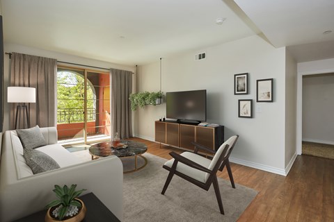 A living room with a white couch, a wooden chair, a flat screen TV, and a potted plant.