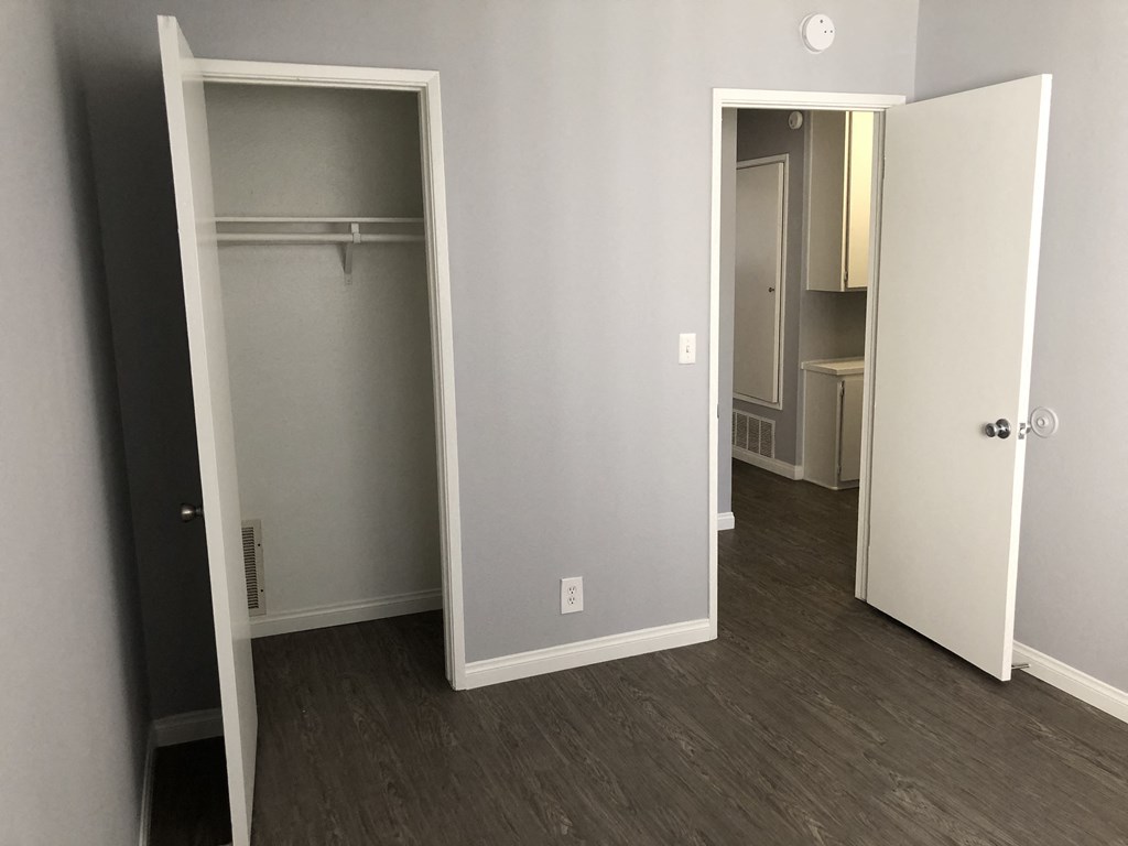 A white closet with a mirror and a white door is open.