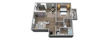 A 3D rendered image of a house layout with a bedroom, living room, kitchen, and bathroom.