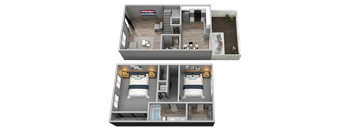 A 3D floor plan of a house with two bedrooms and a living area.