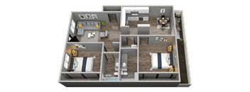 A 3D rendered image of a house layout.
