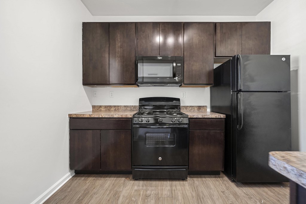 A black stove and refrigerator in a kitchen with brown cabinets.