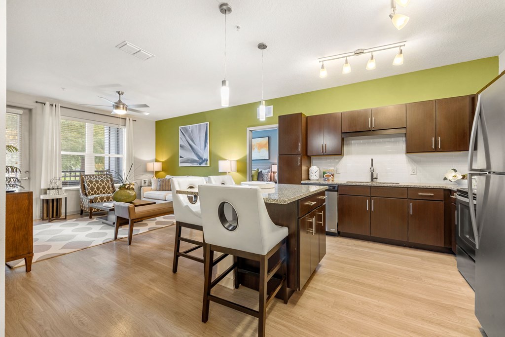 the preserve at ballantyne commons apartment kitchen and living room at Pearce at Pavilion Luxury Apartments, Riverview, FL, Florida
