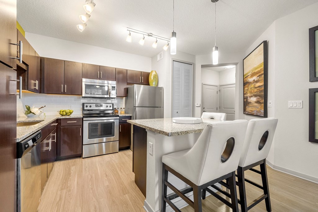 our spacious kitchen and dining room are equipped with stainless steel appliances and granite countertops at Pearce at Pavilion Luxury Apartments, Riverview, 33578