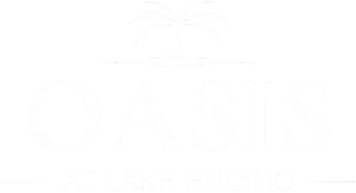 A logo with a palm tree and the words "OASIS AT LAKE ENGINO".