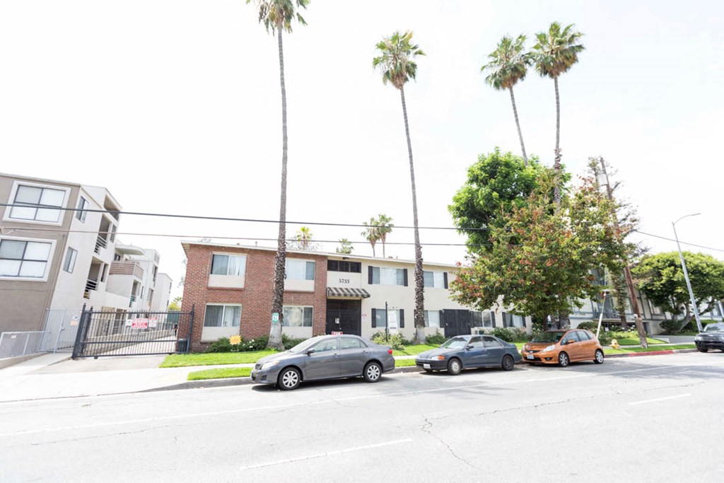 Front view of building with palm trees and main street