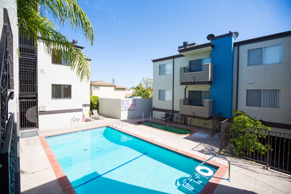 Aerial view of pool and units