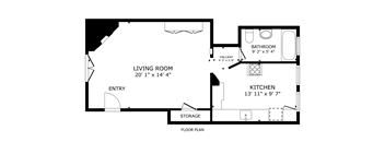 A floor plan of a small apartment with a living room, kitchen, bathroom and storage.