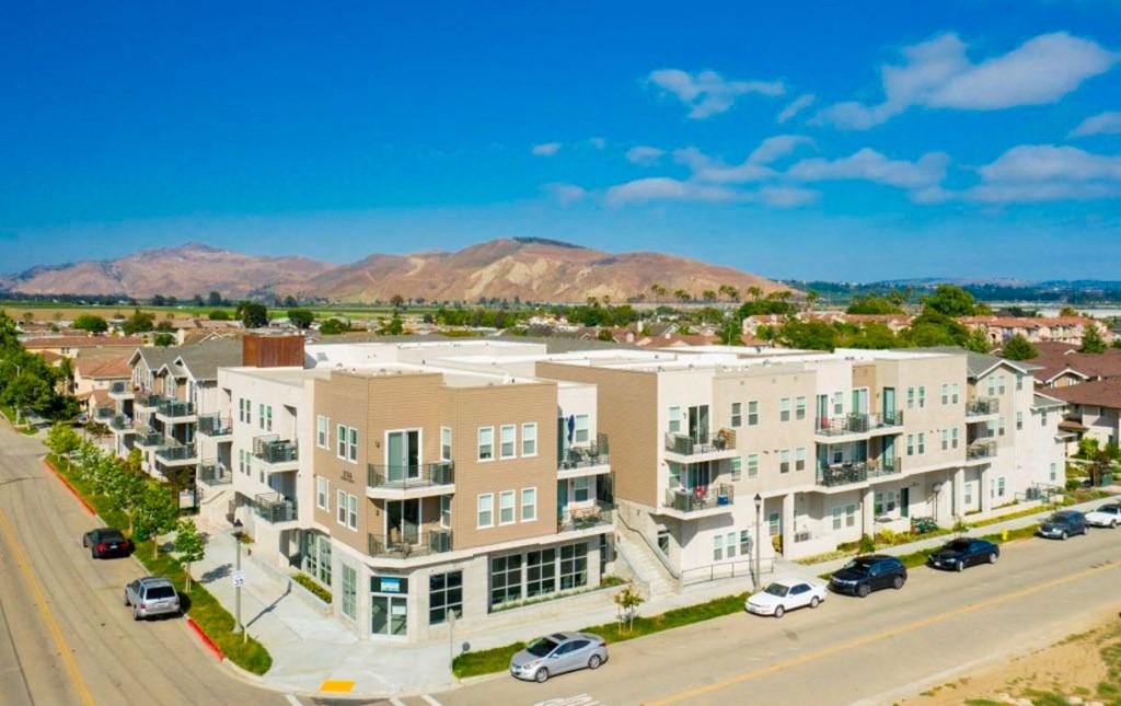 aerial view of building and main street