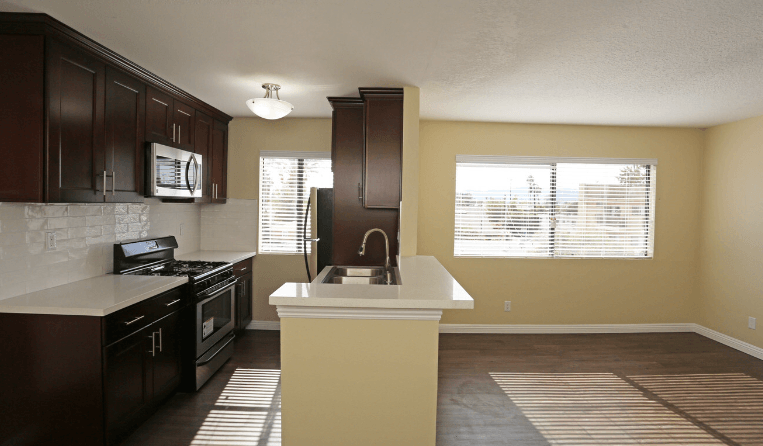 a kitchen with a sink and a window