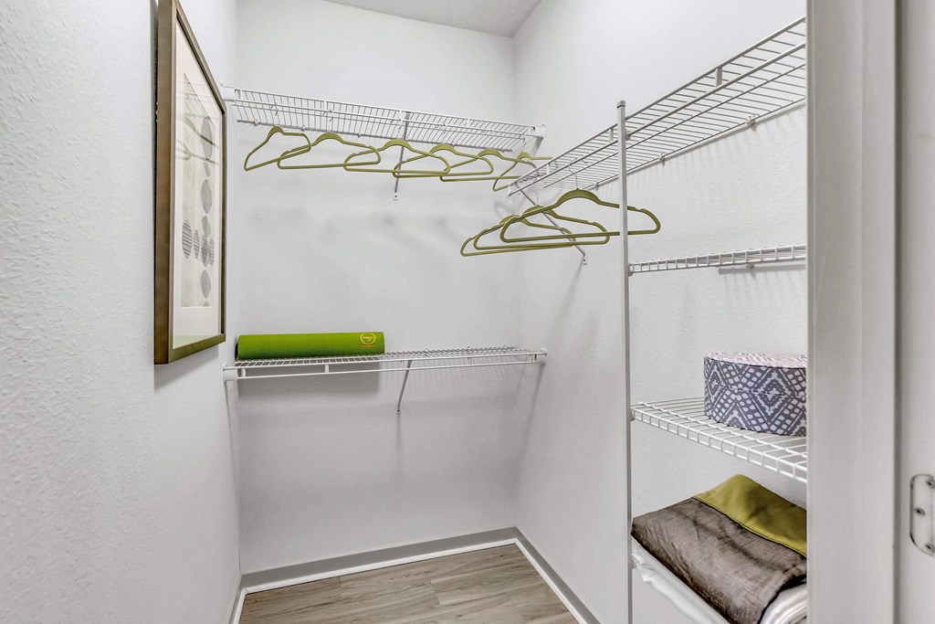spacious closet with white walls and shelves and a glass door at Pearce at Pavilion Luxury Apartments, Florida