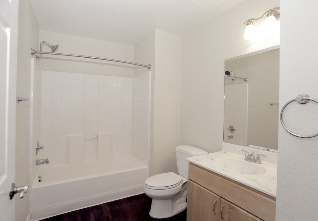 a bathroom with a toilet sink and shower and a mirror