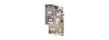 A top-down view of a house layout with a living room, dining area, kitchen, and bedrooms.