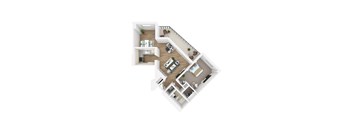 A top down view of a house interior with a kitchen, living room, dining room, and bathroom.