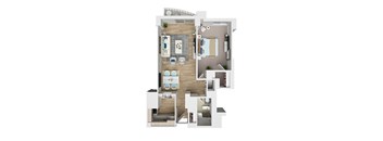 A top-down view of a house layout with a living room, dining room, kitchen, and bedrooms.