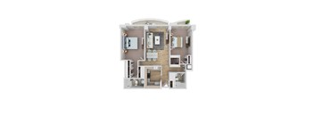 A 3D floor plan of a house with a living room, kitchen, dining room, and bedrooms.