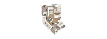 A top down view of a house interior with a living room, kitchen, dining room, and bedrooms.