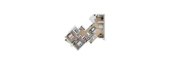 A 3D floor plan of a house with multiple rooms and furniture.